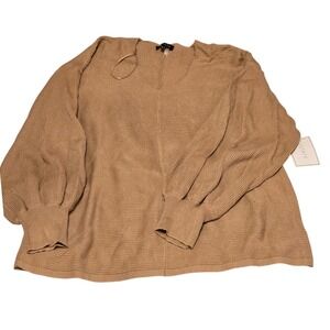 NWT  1 STATE Women's Medium Tan V-Neck Long Balloon Sleeve Knit Sweater Top